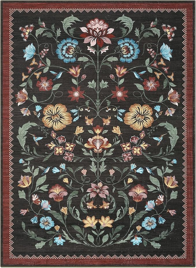 GarveeHome Washable Rug 4x6 Area Rugs for Living Room, Floral Rug for Bedroom, Soft Boho Non Slip Throw Rugs with Rubber Back, Low Pile Stain Resistant Vintage Floral Carpet for Dining Room, Red