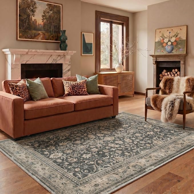 2x3 Doormat, Vintage Floral Washable Non Slip Area Rug for Entrance | Oriental Floral Soft Low Pile Boho Rug for Entryway Bedside Kitchen, Stain Resistant Lightweight Easy Care, Dusty Charcoal