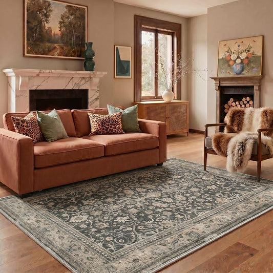 5X7 Area Rug for Living Room, Washable Boho Oriental Floral Non Slip | Easy Care Faux Wool Rug for Bedroom Dining Room, Dusty Charcoal Vintage Floral Rug,Non-Shedding,Vacuum Friendly,Thin
