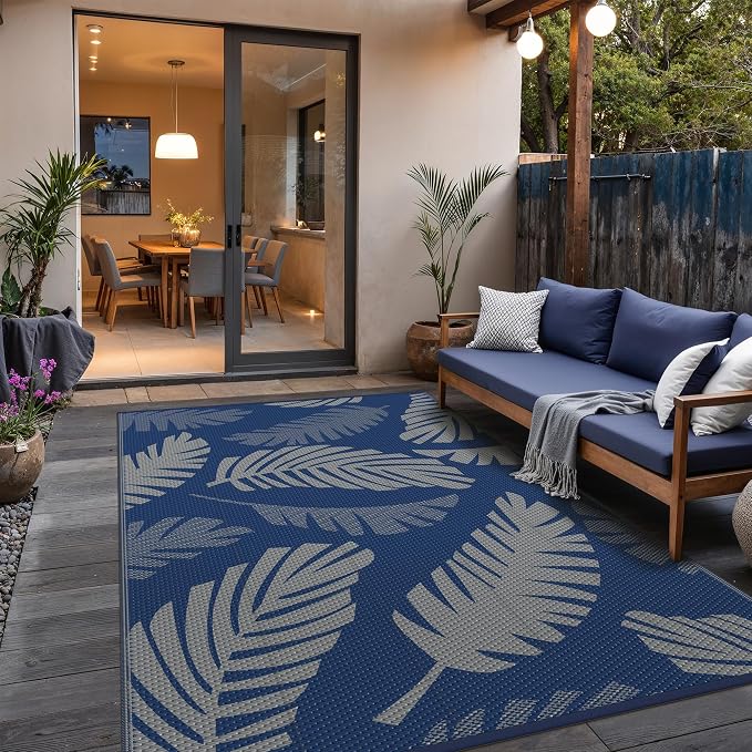 GENIMO Waterproof Outdoor Rug 6' x 9' for Patio Decor, Reversible Plastic Straw Area Rugs for Camping Clearance, RV Mat, Large Outside Carpet for Porch, Deck, Picni, Balcony, Garden, Navy Blue & Grey