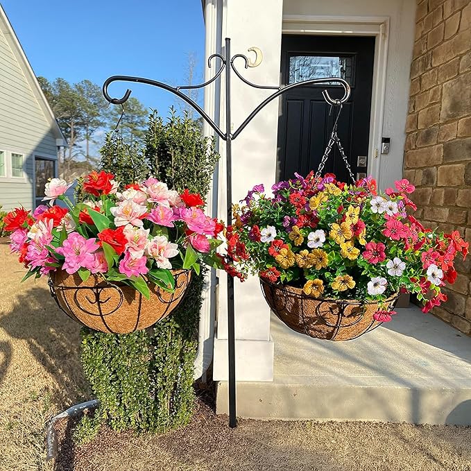 HyeFlora Artificial Faux Hanging Plants Flowers Basket for Summer Outdoor Outside Decoration, Fake Silk UV Sun Resistant Look Real Colorful Daisy Eucalyptus for Porch Home Patio Balcony Yard