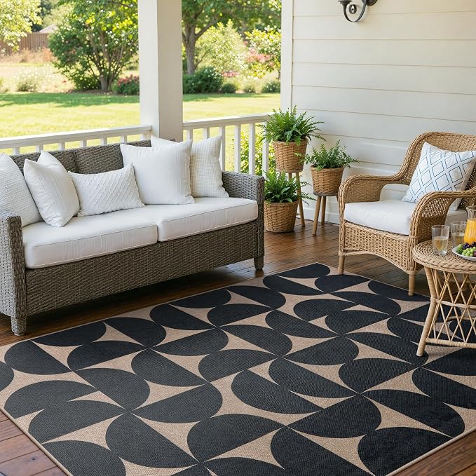 Lahome Semi Circle Easy Jute 5x7 Outdoor Rug, Geometric Washable Area Rug | Mid-Modern Non Slip Non Shedding Indoor Outdoor Black Carpet for Bedroom Dining Room