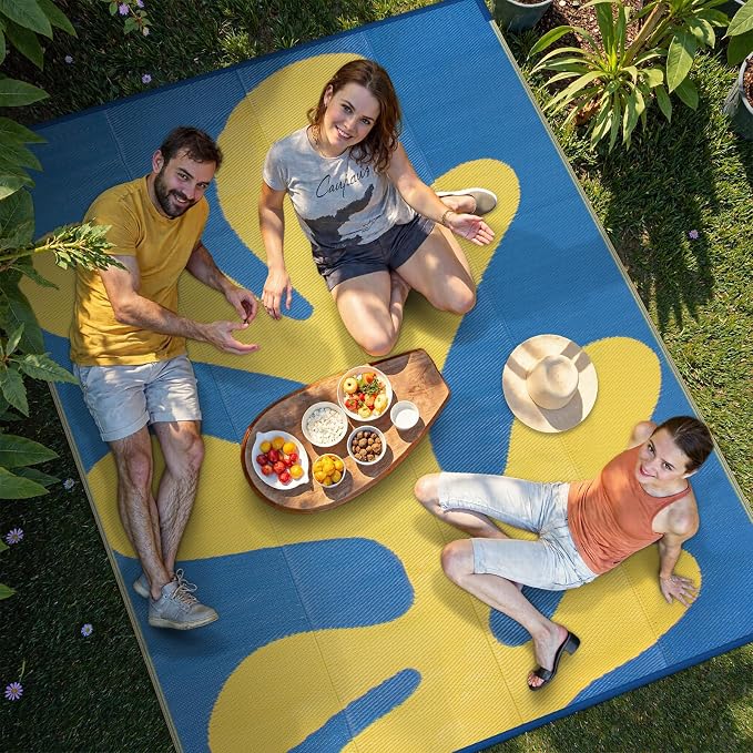 Lahome Coastal Coral 8x10 Outdoor Beach Pool Rug, Plastic Camping Rugs for Outside Your Rv, Lightweight Waterproof Outdoor Carpets for Picnic Patio, Blue/Yellow 8'x10'