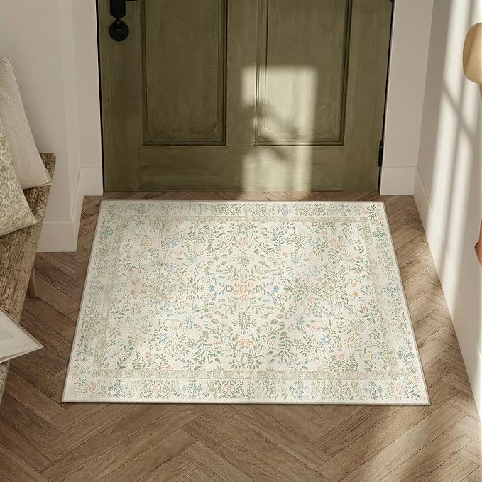 2x3 Light Green Floral Small Entryway Rug Vintage Farmhouse Style | Washable, Non Slip, Soft Low Pile, Door Mat for Indoor Entrance, Kitchen, Bathroom, Botanical Decor