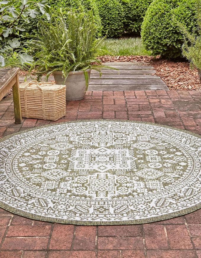 Unique Loom Outdoor Aztec Collection Area Rug - Chalca (3' 3" Round, Green/ Ivory)