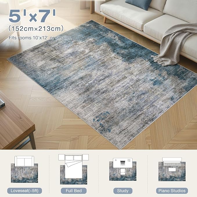 DMOYEST 5x7 Area Rug for Living Room Washable Abstract Indoor Carpet | Neutral Modern Low Pile Rugs Kid & Pet Friendly Large Soft Thin Carpet for Bedroom Dining Room - Dark Grey Blue