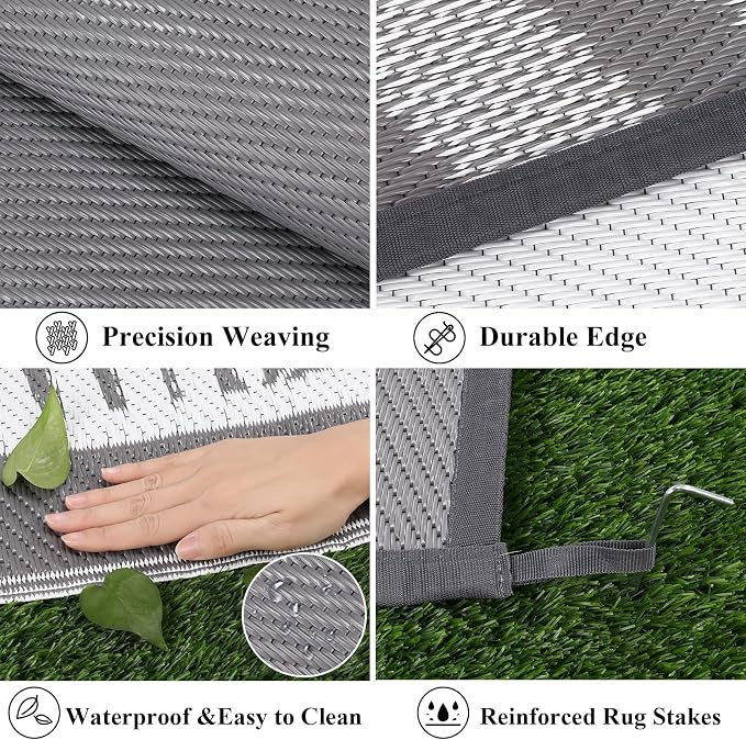 Bsmathom Waterproof Outdoor Rug 6'x9' Reversible Boho Plastic Straw Patio Deck Camping Rugs, Indoor Outdoor Portable RV Mat Clearance Carpet for Outside, Porch, Balcony, Backyard, Beach, Pool,Grey