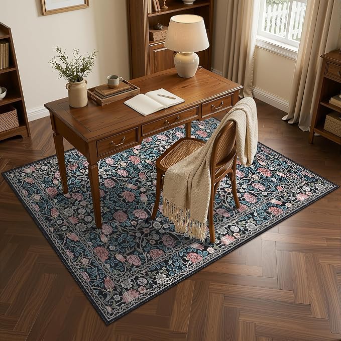 GarveeHome Blue Floral 3x5 Area Rug for Nursery Bedroom | Washable Dorm Rug Entryway Doormat Vintage Boho Rugs Low-Pile Non-Slip Stain Resistant TPE Backing