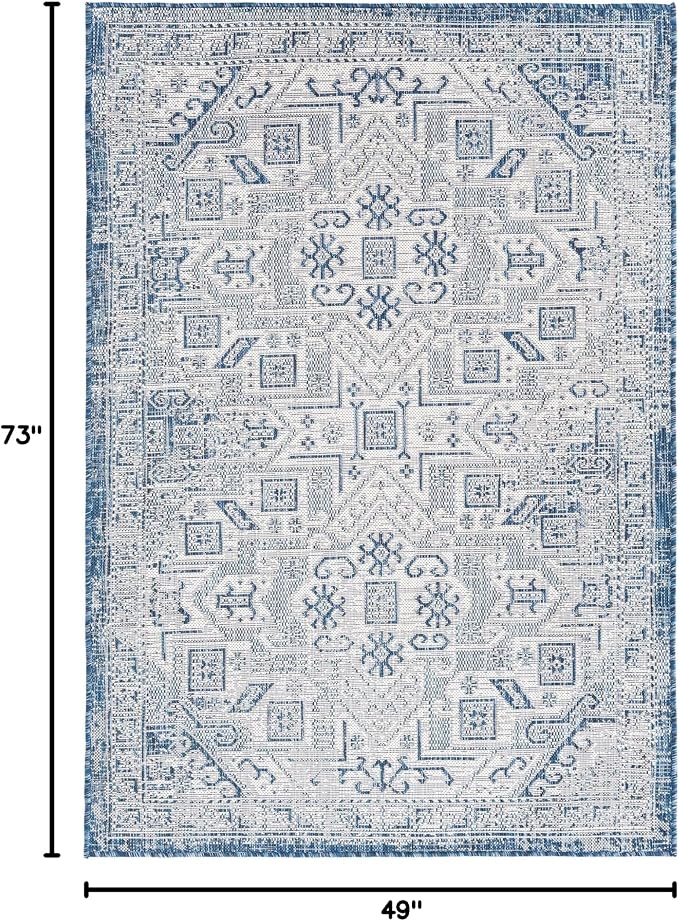 Unique Loom Outdoor Aztec Collection Area Rug - Coba (4' 1" x 6' 1" Rectangle, Blue/ Ivory)