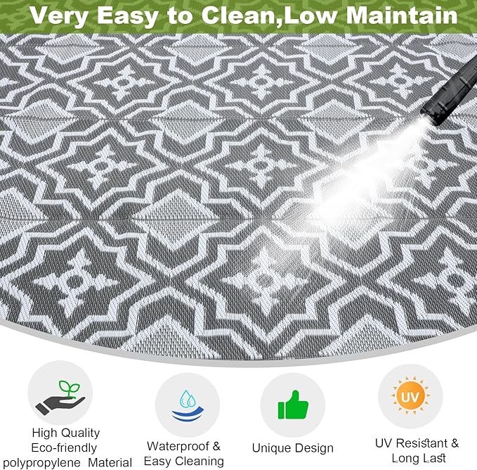 Alfolo Outdoor Rug 9x12 for Patios Clearance,Outdoor Plastic Straw Rug,Waterproof Camping Rugs for Outside Your Rv, Deck, Porch,Beach,Picnic,Pool Grey Recyclable,Easy Cleaning Outside Mats with a Bag