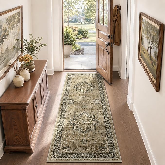 2x6 Vintage Runner Rug Low Pile Non-Slip Washable Hallway Rug | Retro Distressed Print Rug Non-Shedding Soft Brown Carpet Stain Resistant Runner for Hallway Kitchen Bedroom Laundry Room
