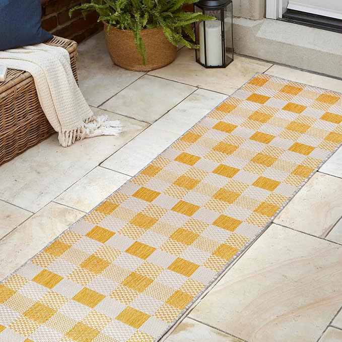 JONATHAN Y Geometric Bold Gingham Indoor Outdoor Runner Rug 2X8 Yellow/Cream, Darcy Traditional for Backyard, Patio, Porch, Easy-Cleaning, High Traffic, Pet-Friendly, Non-Shedding (TSN201D-28)