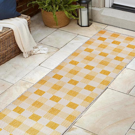 JONATHAN Y Geometric Bold Gingham Indoor Outdoor Runner Rug 2X8 Yellow/Cream, Darcy Traditional for Backyard, Patio, Porch, Easy-Cleaning, High Traffic, Pet-Friendly, Non-Shedding (TSN201D-28)