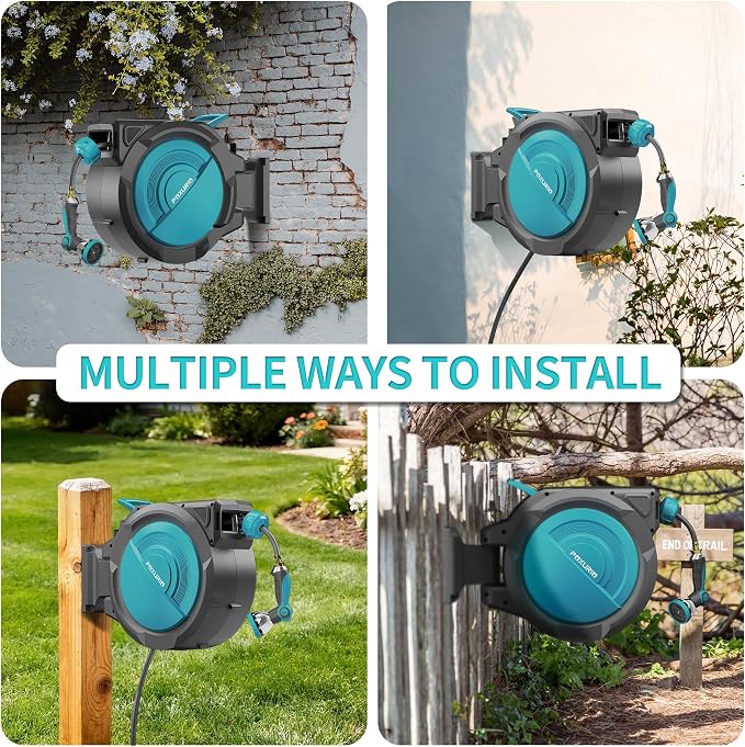 1/2" 110FT Retractable Garden Hose Reel, Wall Mounted Automatic Hose Reel with Upgraded 10 Pattern Nozzle/Any Length Lock/Slow Return System/180°Swivel Bracket, AquaBlue