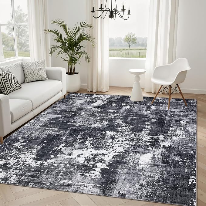 Sasttie 4x6 Washable Area Rug, Modern Abstract Carpet, Black & White | Ultra-Soft Faux Wool, Low Pile, Non-Slip, Lightweight, Thin, for Living Room, Bedroom, Dinning Room & Dorm
