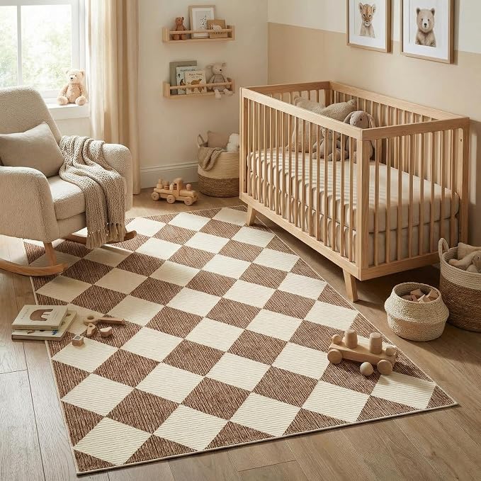 GarveeHome 3x5 Checkered Area Rug Non Slip Washable Entryway Bedroom Rug | Modern Geometric Plaid Brown Carpet Classic Throw Mat for Kitchen Bedside Kids Room Office Dining Room