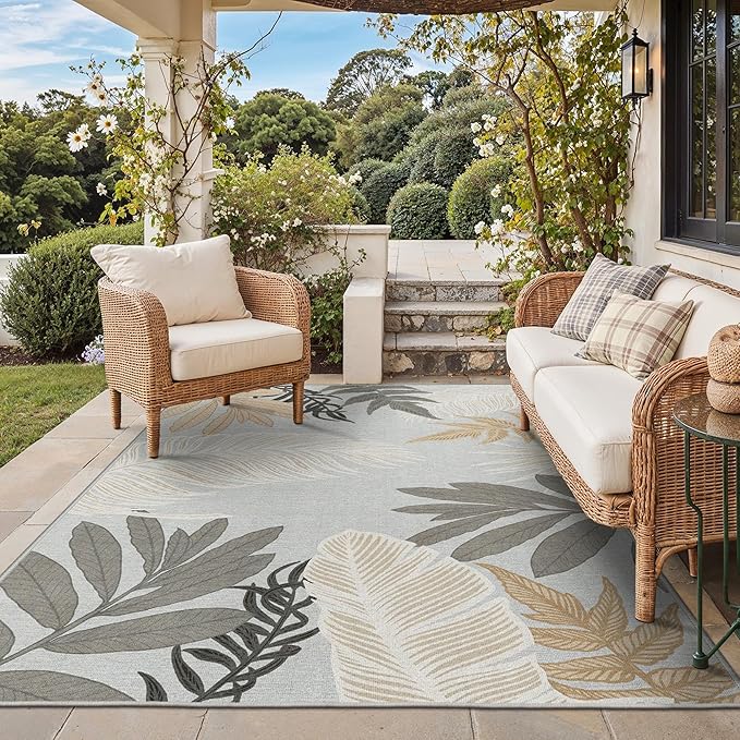 GENIMO Outdoor & Indoor Area Rug 6'x9', Waterproof, Non-Shedding, Easy Cleaning, Leaf Mat for Patio, Living Room, Balcony, Dining Room, RV, Deck, Bedroom, Camping, Outside Carpet, Sand Grey
