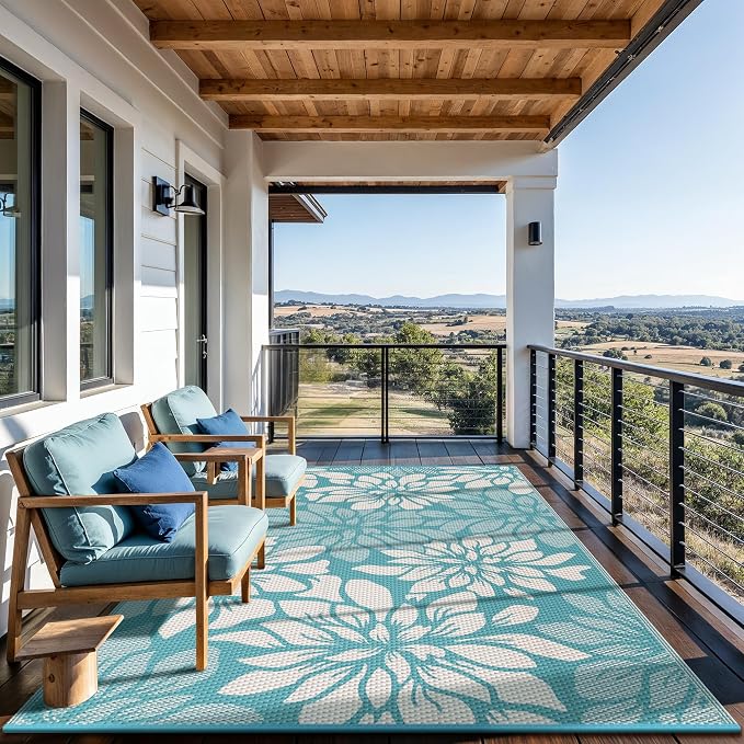 GENIMO Outdoor Rug Waterproof for Patio Decor, 6' x 9' Reversible Plastic Straw Floral Camping Carpet, Large Area Rugs Mats for RV, Camper, Deck, Balcony, Porch, Beach, Picnic, Blue & Beige