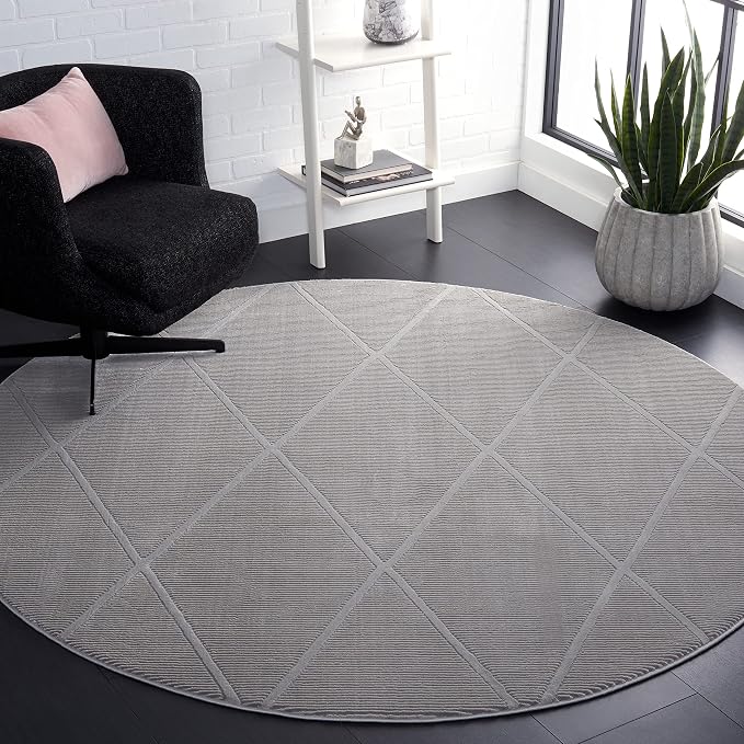 SAFAVIEH Revive Collection Area Rug - 6'7" Round, Grey, Trellis Design, Non-Shedding & Easy Care, Ideal for High Traffic Areas in Living Room, Bedroom (REV104F)