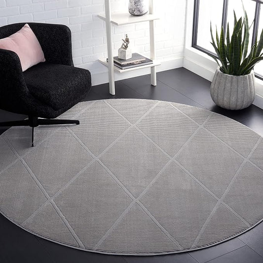 SAFAVIEH Revive Collection Area Rug - 6'7" Round, Grey, Trellis Design, Non-Shedding & Easy Care, Ideal for High Traffic Areas in Living Room, Bedroom (REV104F)