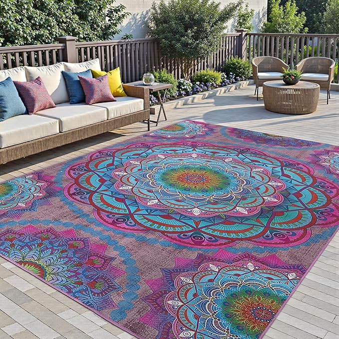 Arenarug Meditation Indoor Outdoor Rug 5x8 ft Mandala Pattern Rug Boho Style,Yoga Meditation Mat Picnic Rug for Patio Living Room Porch Garden Deck Backyard Easy to Clean Non Shedding Non-Slip