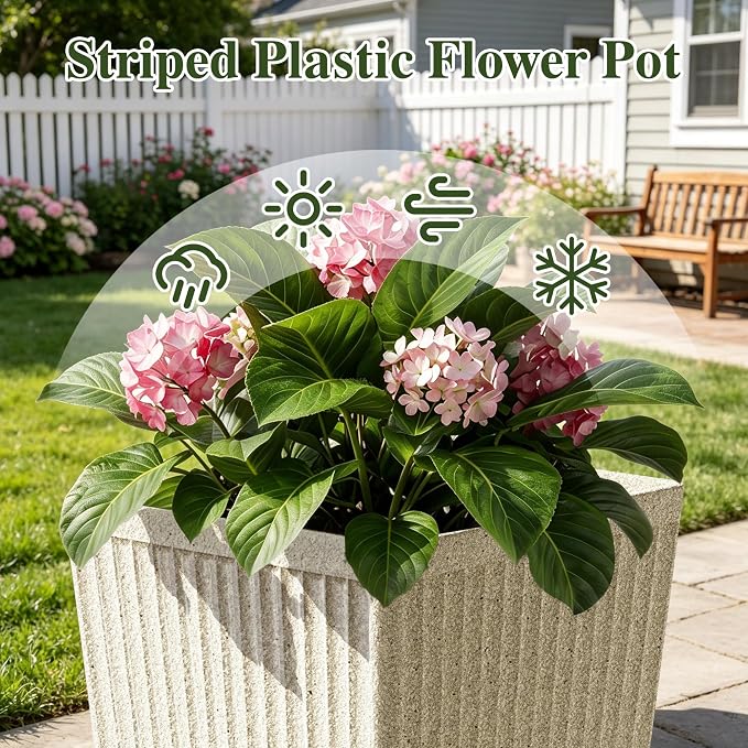 Front Porch Planters Outdoor Set of 2, 24" Tall Plastic Planters for Outdoor Plants with Drainage, Extra Large Outdoor Planter Pots, Tapered Tall Planters for Front Door & Indoor Plants, Beige