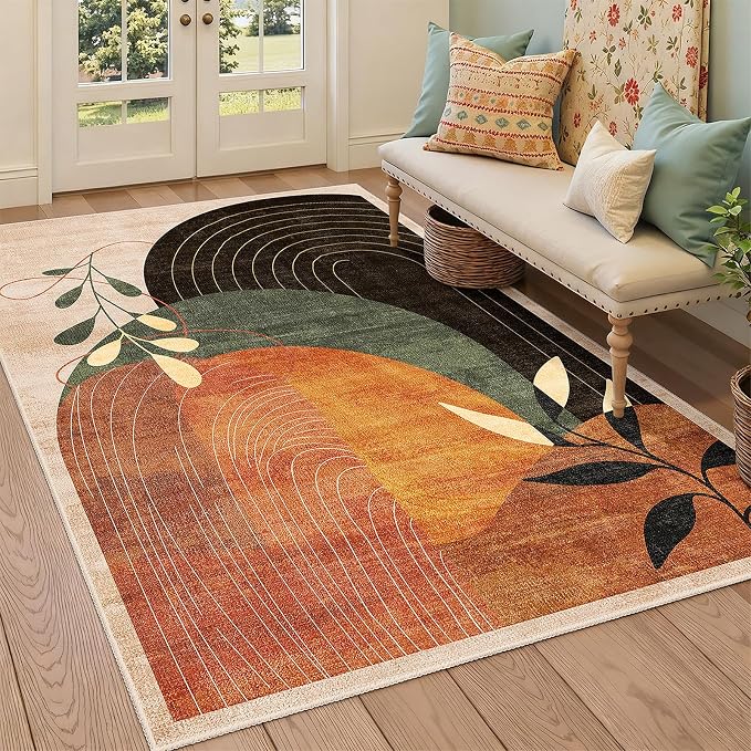 3x5 Washable Rugs Boho Area Rug Low Pile Non Slip Mid Century Modern | Small Throw Carpet for Bedroom Entryway Living Room Office Bedside Entry Indoor Boho Abstract Retro Terracotta Rust