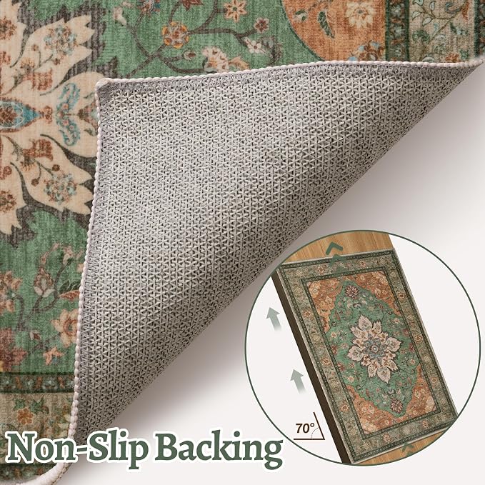 Tangsoo Farmhouse 3x5 Rugs, Washable Non Slip Accent Rugs for Entryway | Vintage Print Indoor Carpet,Boho Soft Low Pile Oriental 3x5 Area Rug for Living Room Bedroom Bedside Bathroom Tan/Green Decor