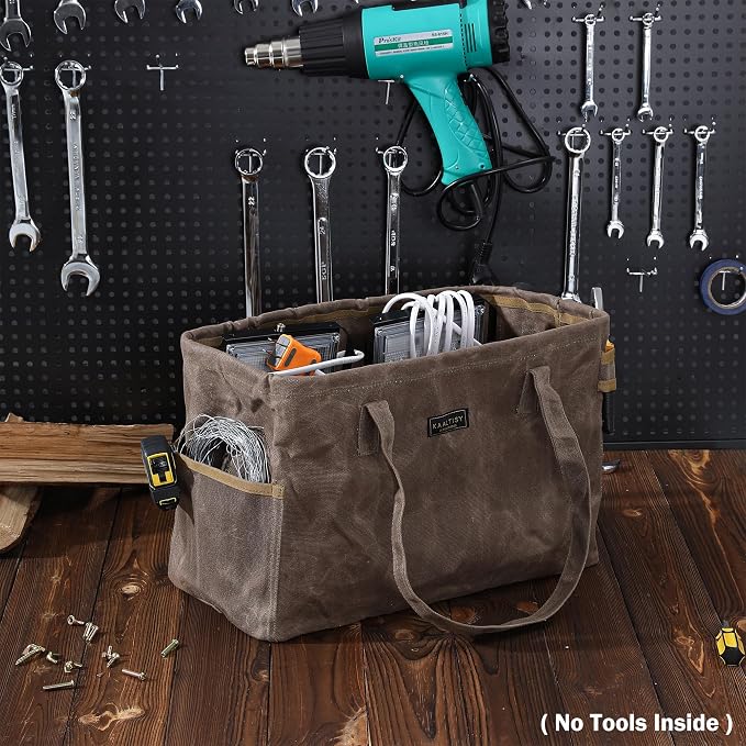 Tool Bag, Foldable Rectangular Hand Tool Storage Bag, 16OZ Waxed Canvas Tool Bag Case - with External Pockets + Sturdy Handles + Top Metal Bar - for Carpenter Repairman Gardener | Grey | 15"Lx7"Wx10"H
