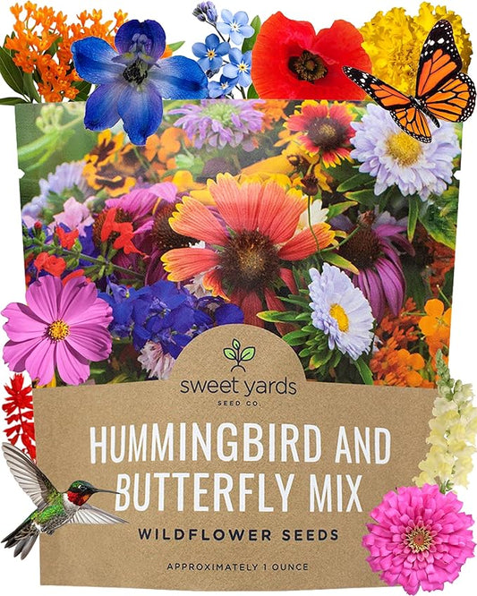 Wildflower Seeds Butterfly and Humming Bird Mix - Large 1 Ounce Packet 7,500+ Seeds - 23 Open Pollinated Annual and Perennial Species