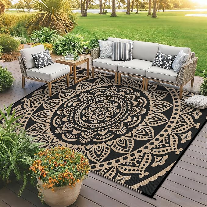 Bsmathom Waterproof Outdoor Rug, 5'x8', Black | Reversible, Boho Plastic Straw, Portable RV Mat, For Patio, Deck, Camping, Porch, Balcony, Backyard, Beach, Pool