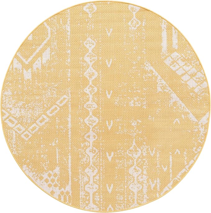 Unique Loom Outdoor Bohemian Collection Area Rug - Anthro (6' 1" Round, Yellow/ Ivory)
