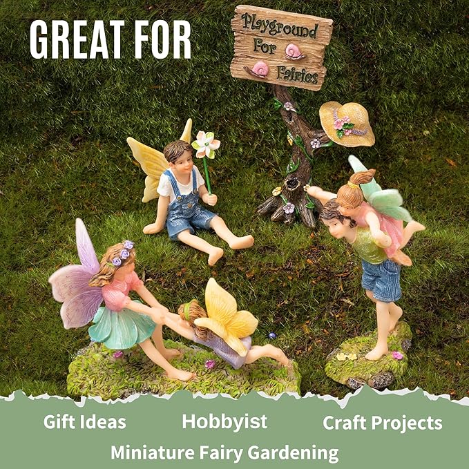 PRETMANNS Fairy Garden Accessories Kit with Fairy Figurines - Outdoor Indoor Miniature Garden Fairies Set - Hand Painted Garden Fairy Figures for Fairy Village - 4 Piece Playground