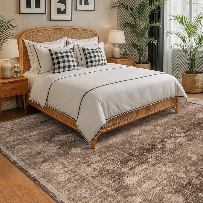 Boho Taupe Brown Living Room Rug 8x10 - Modern Vintage Traditional Eclectic Oriental Neutral, Washable Low Pile Non-Slip Extra Large Area Rugs for Dining Under Table Bedroom Lounge