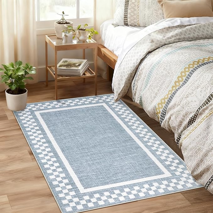 GarveeHome Small Washable Area Rug 2x3 Modern Checkered Entry Bedroom Rug | Solid Color Scalloped Kitchen Rugs Non Slip Stain Resistant Bordered Throw Carpet for Living Room Nursery Laundry, Blue