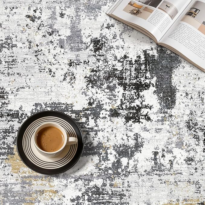 UERMEI 10x12 Area Rug for Living Room - Washable Neutral Modern Abstract Carpet, Non-Slip Soft Large Indoor Floor Rugs for Bedroom Home Office & Under Dining Table Decor, Black/White/Gold