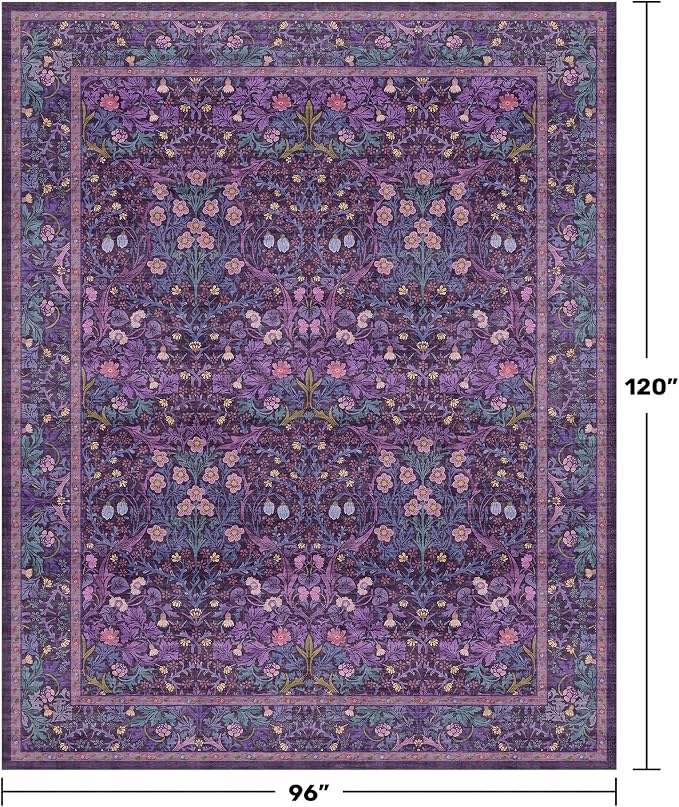 Dark Purple Living Room Rug 8x10, Vintage Violet Floral Area Rugs for Bedroom, Washable Dining Room Under Kitchen Table, Oriental Low Pile Stain Resistant Large Plum Indoor Decor