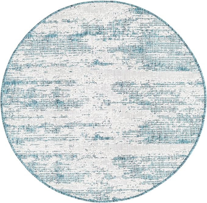 Unique Loom Outdoor Modern Collection Area Rug - Cartago (4' 1" Round, Teal/ Ivory)