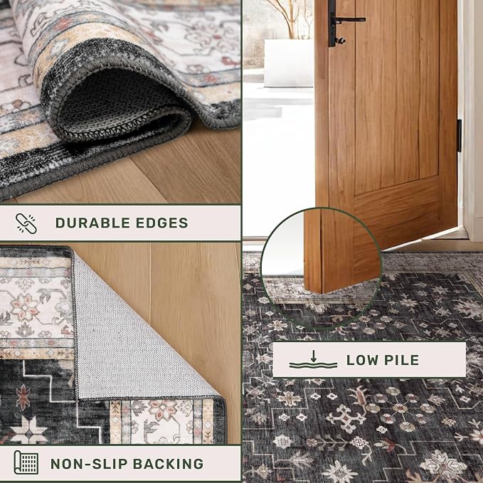 Black Boho Washable 3x6 Large Kitchen Runner Rug, Indoor Entryway Home Office Floor Rug, Non-Slip Stain & Fade Resistant, Vintage Floral Decor