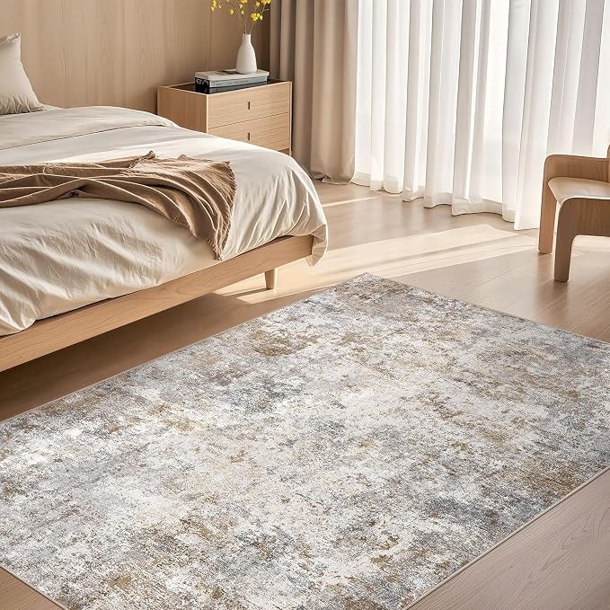 UERMEI 4x6 Area Rug Living Room Rugs Washable Neutral Brown Grey Carpet | Modern Abstract Non-Slip Soft Low Pile Floor Rugs for Bedroom Dining Room Home Office Indoor Decor