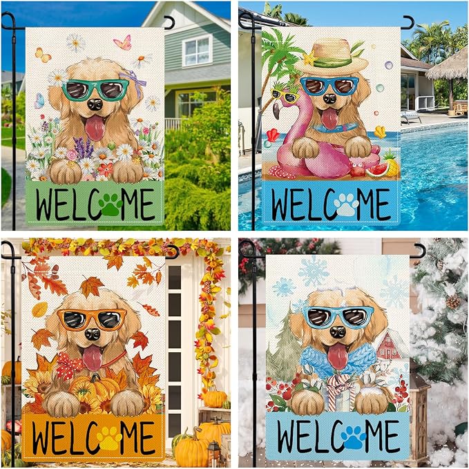Golden Retriever Garden Flags for Outside Set of 12, Puppy Dog Welcome Garden Flags 12x18 Double Sided for All Seasons and Holidays, Spring Easter Yard Lawn Flags for Farmhouse Outdoor Decor
