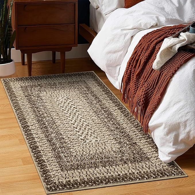 RUGSREAL Entryway Rug 2x3 Small Bedroom Washable Rus with Rubber Backing | Living Room Non Slip Bathroom Mat Stain Resistant Braided Print Carpet for Dining Room Kitchen Hallway, Camel