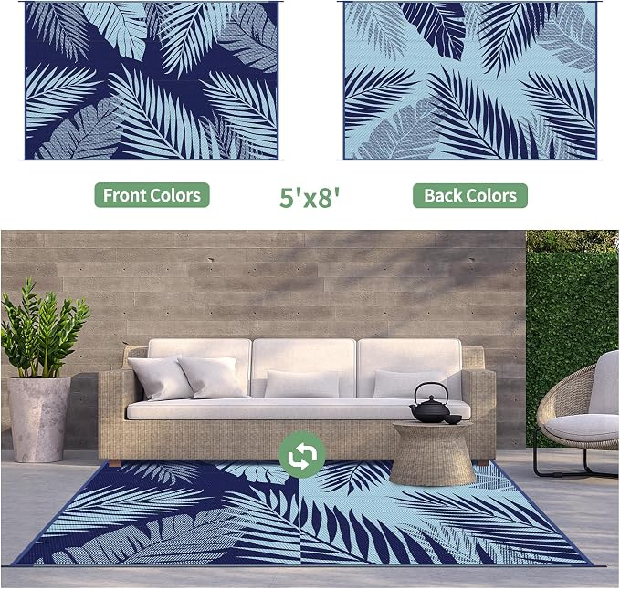 GENIMO Outdoor Rug 5' x 8' Waterproof for Patios Clearance, Reversible Outdoor Plastic Straw Camping Rug Carpet, Large Area Rugs Mats for RV, Camper, Deck, Balcony, Porch, Beach, Navy Blue&Light Blue