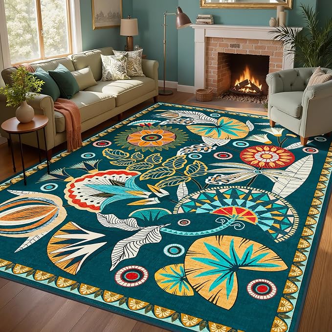 Joydeco Egypt Floral Boho 6x9 Rug for Living Room, Dark Green Washable Bedroom Dining Room Rugs for Under Table, Non Slip Vintage Indoor Throw Carpet for Playroom Nursery Dorm Classroom, Dark Green