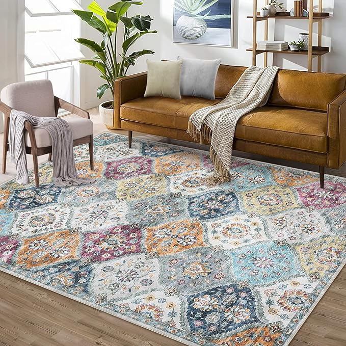ROYHOME 9x12 Area Rug Large Moroccan Machine Washable Rug, Purple/Grey | Vintage Medallion Distressed Trellis Accent Rug Stain Resistant Non-Slip Floor Cover Carpet for Living Room Bedroom