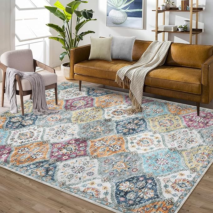 ROYHOME Washable Area Rug Moroccan Trellis Distressed Area Rugs, 3' x 5' | Stain Resistant Non-Slip Floor Carpet Vintage Medallion Accent Rug Farmhouse Floor Cover for Dining Room Bedroom, Purple/Grey