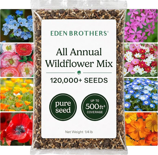 Eden Brothers All Annual Wildflower Mixed Seeds for Planting, 1/4 lb, 120,000+ Seeds with Sunflower, Indian Blanket, Scarlet Flax | Attracts Pollinators, Plant in Spring, Zones 3, 4, 5, 6, 7, 8, 9, 10