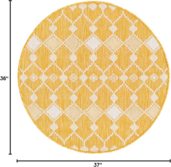 Unique Loom Outdoor Trellis Collection Area Rug - Traliccio (3' Round, Yellow/ Ivory)