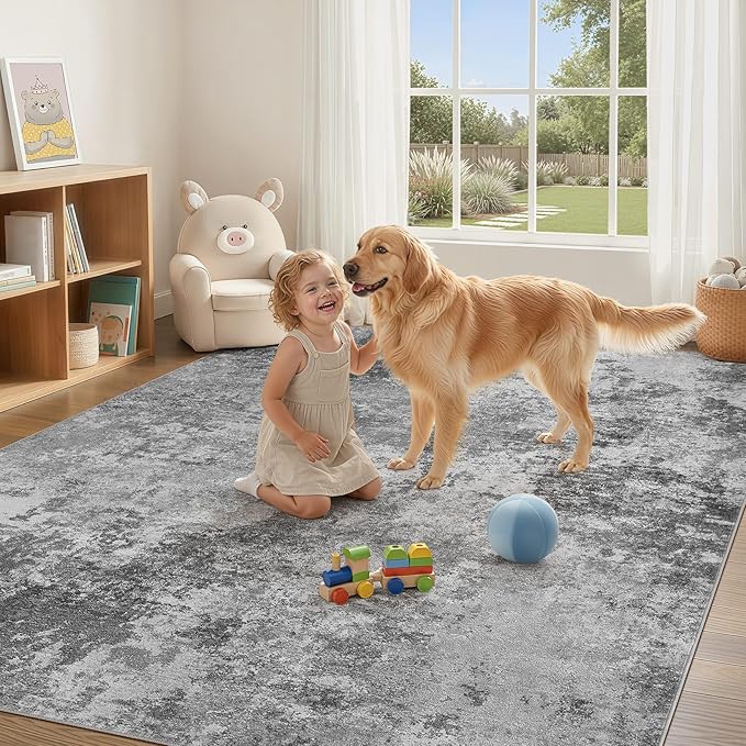 Nakagishi 12X15 Abstract Washable Area Rugs for Living Room-Grey | Modern Non-Slip Silicone Backing Low Pile Soft Carpet for Bedroom Dining Decor Ideal for Families with Kids and Pets