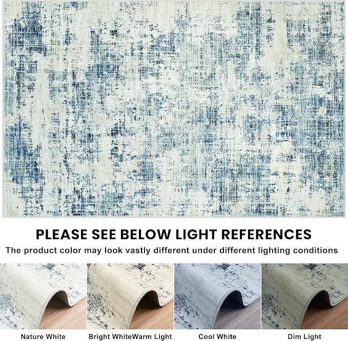 9x12 Washable Area Rug for Living Room Bedroom: Non-Slip Modern Blue Gray | Machine Washable TPR Backing, Stain-Resistant Low Pile, Pet & Kid Friendly, Abstract Decor for Dining Room, Dorm, Home Office
